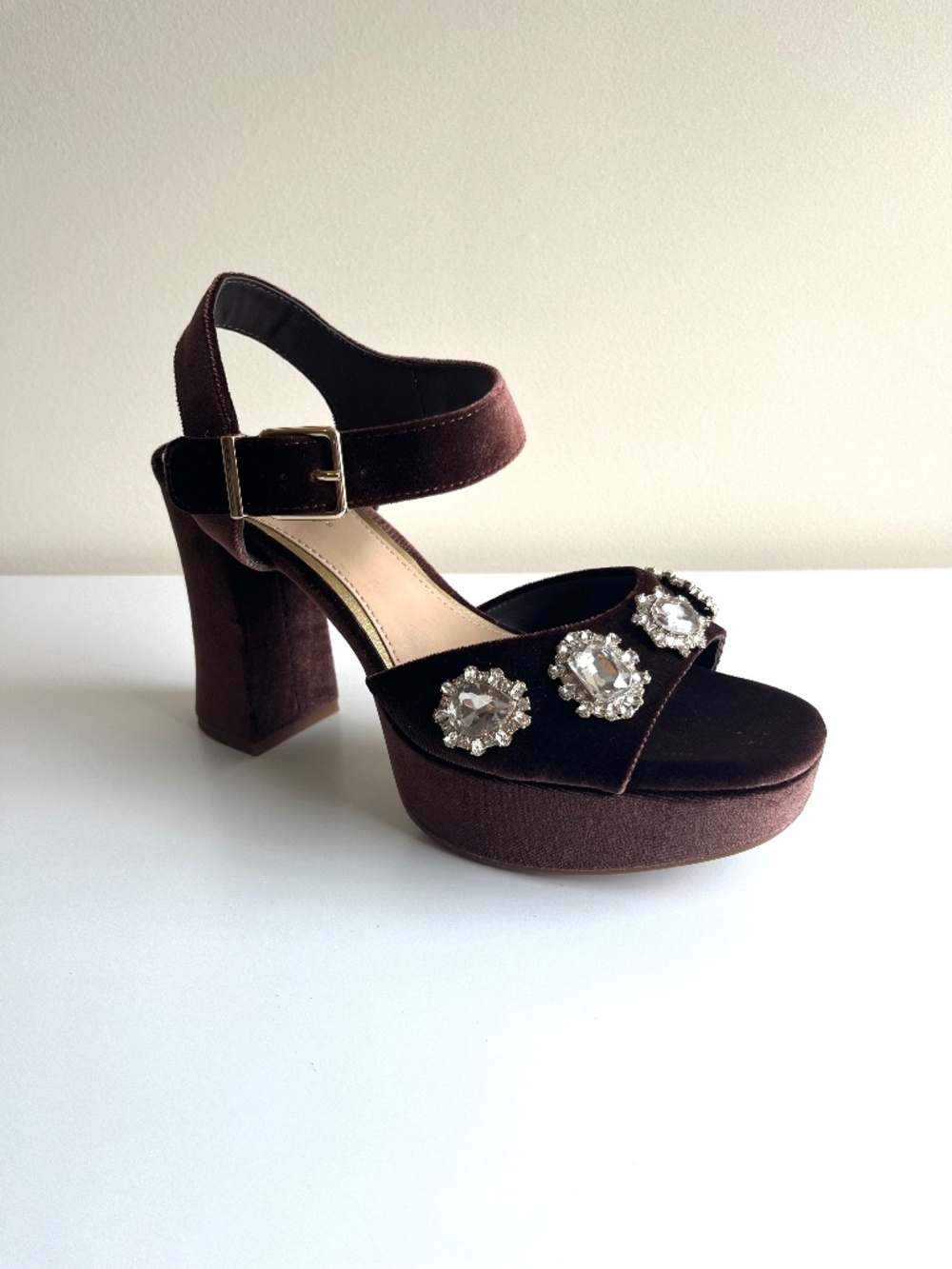 NEW Copper Key Velvet Ankle Strap Platform Block Heel Sandals Sz 8.5M Brown
